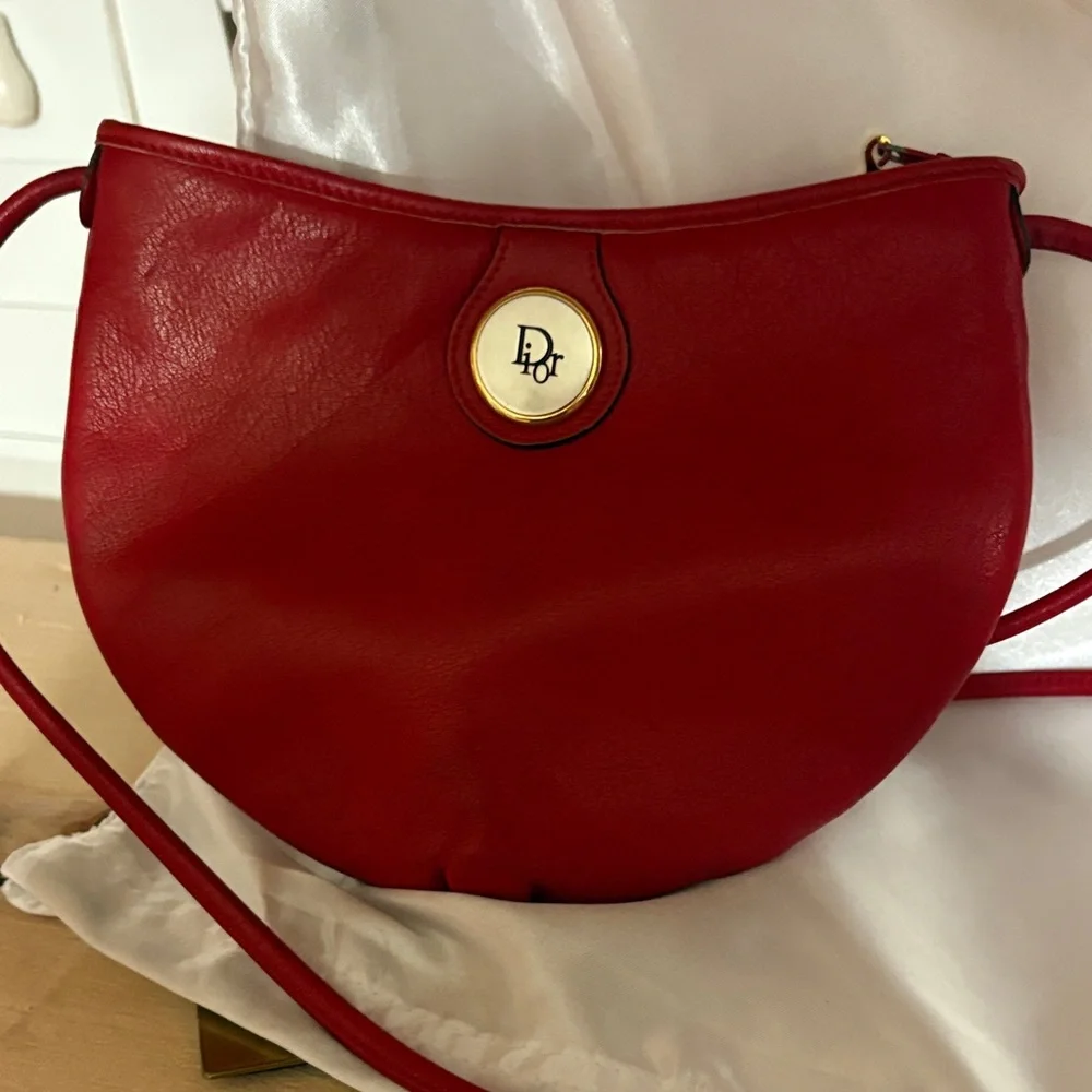 Vintage Dior Red Leather Crescent Crossbody with Gold Logo Medallion - Picture 2 of 14